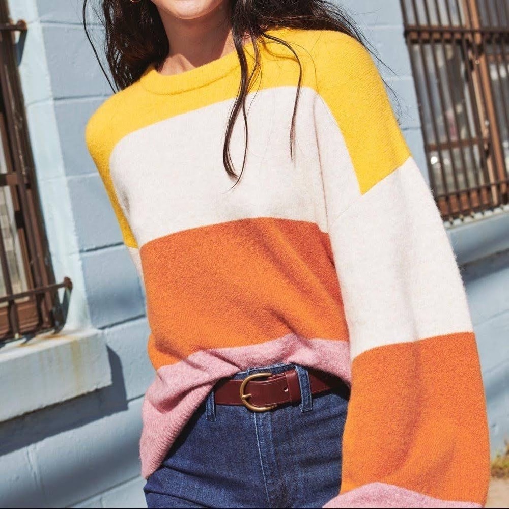 Madewell Gladwell Balloon-Sleeve Pullover Sweater - yellow, white, orange, pink